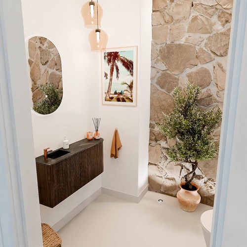 JOYA-DLUX 91,6cm mueble fondo reducido curva derecha color Walnut. Lavabo FAYE posición Izquierda 1 orificio color Lava.