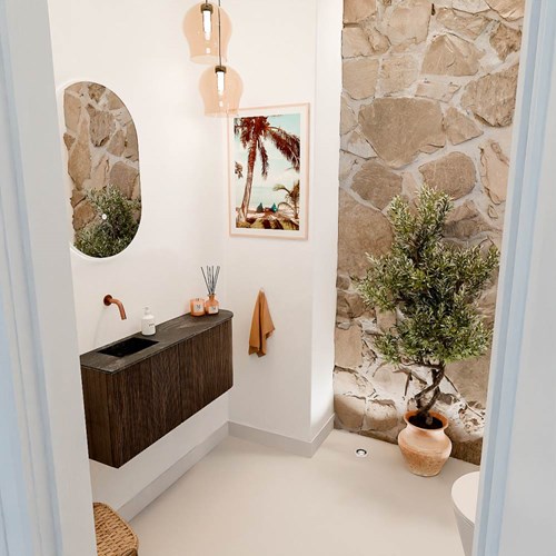 JOYA-DLUX 91,6cm toiletmeubel ronding rechts kleur Walnut. Wastafel FAYE positie Links Zonder kraangat kleur Lava.
