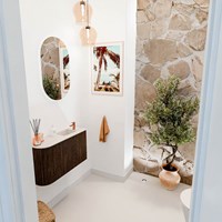 JOYA-DLUX 71,6cm mobile lavabo colore curva sinistra Walnut. Lavabo FAYE posizione Destra 1 foro per rubinetto colore Meli.
