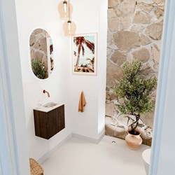JOYA-DLUX 40cm mobile lavabo colore Walnut. Lavabo FAYE posizione Destra senza foro per il rubinetto colore Nata.