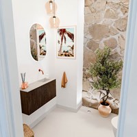 JOYA-DLUX 80cm toiletmeubel kleur Walnut. Wastafel FAYE positie Rechts Zonder kraangat kleur Opalo.