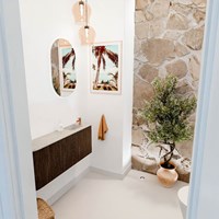 JOYA-DLUX 101,6cm toiletmeubel ronding links kleur Walnut. Wastafel FAYE positie Rechts 1 kraangat kleur Opalo.