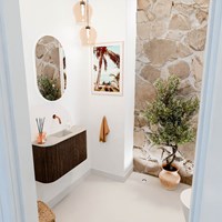 JOYA-DLUX 73,2cm mueble fondo reducido curva izquierda + derecha color Walnut. Lavabo FAYE posición Centro sin orificio color Opalo.