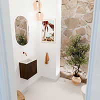 JOYA-DLUX 40cm toiletmeubel kleur Walnut. Wastafel FAYE positie Links Zonder kraangat kleur Ostra.