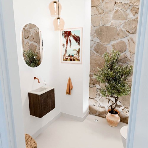 JOYA-DLUX 40cm toiletmeubel kleur Walnut. Wastafel FAYE positie Links Zonder kraangat kleur Ostra.