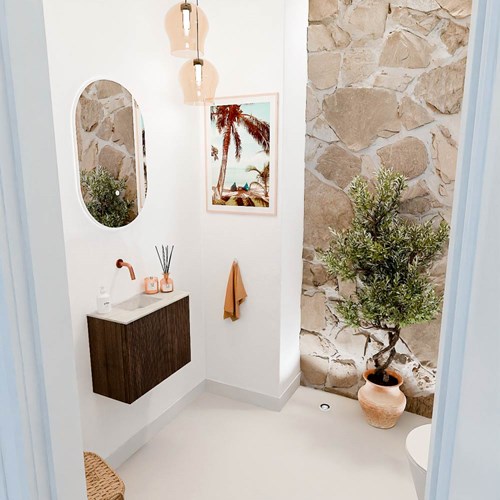 JOYA-DLUX 50cm meuble lave-main couleur Walnut. Lavabo FAYE position Gauche sans trou pour robinet couleur Ostra.