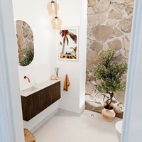 JOYA-DLUX 101,6cm mueble fondo reducido curva derecha color Walnut. Lavabo FAYE posición Izquierda sin orificio color Ostra.