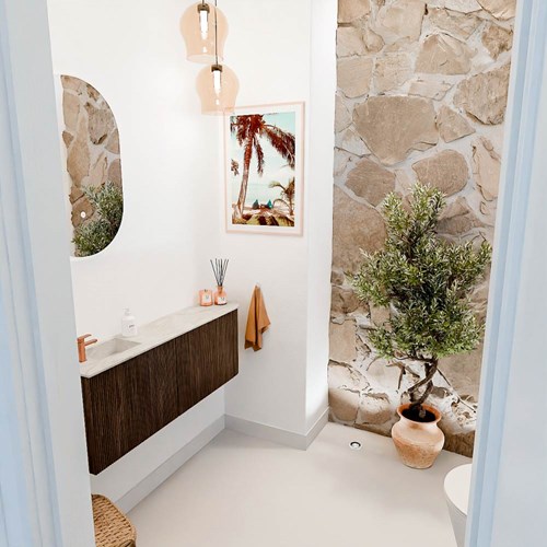 JOYA-DLUX 111,6cm meuble lave-main courbe droite couleur Walnut. Lavabo FAYE position Gauche 1 trou pour robinetter couleur Ostra.