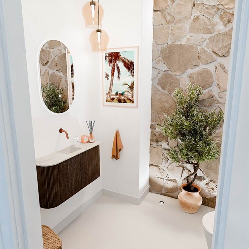 JOYA-DLUX 83,2cm toiletmeubel ronding links + rechts kleur Walnut. Wastafel FAYE positie Midden Zonder kraangat kleur Ostra.