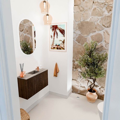 JOYA-DLUX 70cm toiletmeubel kleur Walnut. Wastafel FAYE positie Midden 1 kraangat kleur Oza.