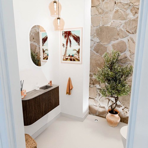 JOYA-DLUX 81,6cm toiletmeubel ronding links kleur Walnut. Wastafel FAYE positie Rechts 1 kraangat kleur Oza.