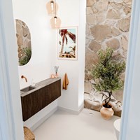 JOYA-DLUX 111,6cm meuble lave-main courbe droite couleur Walnut. Lavabo FAYE position Gauche sans trou pour robinet couleur Oza.