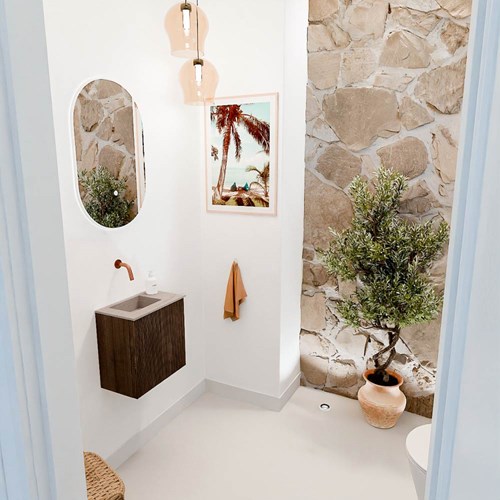 JOYA-DLUX 40cm mobile lavabo colore Walnut. Lavabo FAYE posizione Sinistra senza foro per il rubinetto colore Saba.