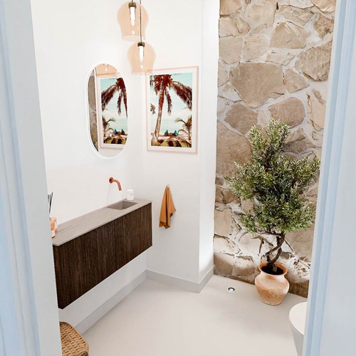 JOYA-DLUX 100cm toiletmeubel kleur Walnut. Wastafel FAYE positie Rechts Zonder kraangat kleur Saba.