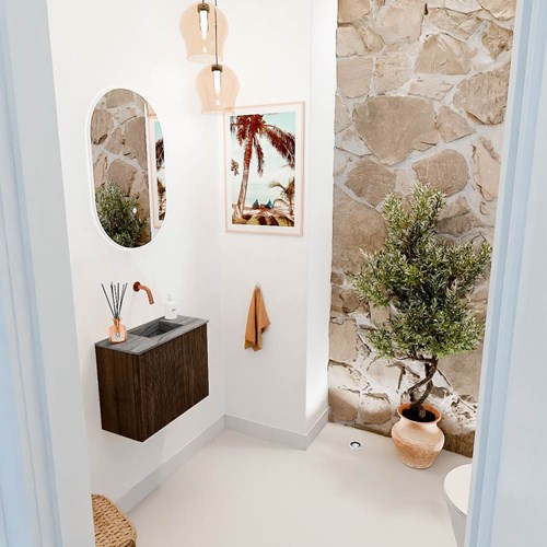 JOYA-DLUX 50cm toiletmeubel kleur Walnut. Wastafel FAYE positie Rechts Zonder kraangat kleur Sombra.
