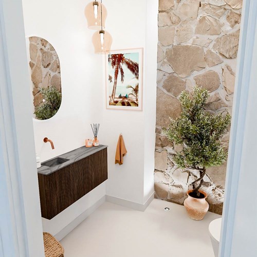 JOYA-DLUX 90cm mueble fondo reducido color Walnut. Lavabo FAYE posición Izquierda sin orificio color Sombra.
