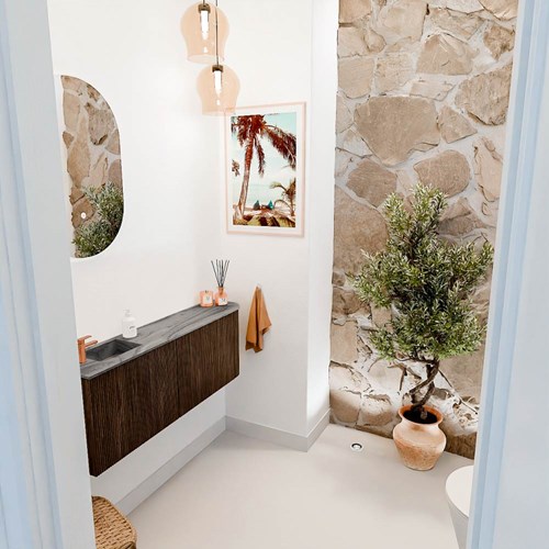 JOYA-DLUX 111,6cm mueble fondo reducido curva derecha color Walnut. Lavabo FAYE posición Izquierda 1 orificio color Sombra.