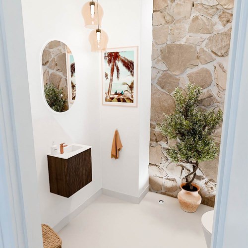 JOYA 40cm mueble fondo reducido color Walnut. Lavabo FAYE posición Derecho 1 orificio color Talc.