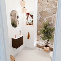 JOYA 51,6cm toiletmeubel ronding rechts kleur Walnut. Wastafel FAYE positie Links 1 kraangat kleur Talc.