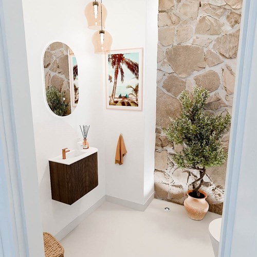 JOYA 51,6cm toiletmeubel ronding rechts kleur Walnut. Wastafel FAYE positie Links 1 kraangat kleur Talc.