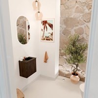 JOYA 40cm toiletmeubel kleur Walnut. Wastafel FAYE positie Rechts 1 kraangat kleur Urban.