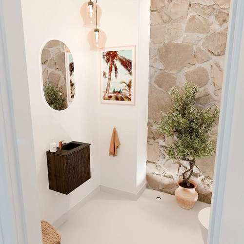 JOYA 40cm toiletmeubel kleur Walnut. Wastafel FAYE positie Rechts 1 kraangat kleur Urban.