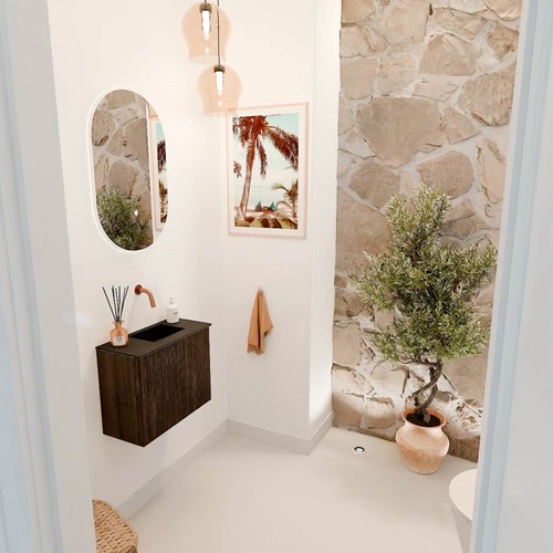 JOYA 50cm meuble lave-main couleur Walnut. Lavabo FAYE position Droite sans trou pour robinet couleur Urban.
