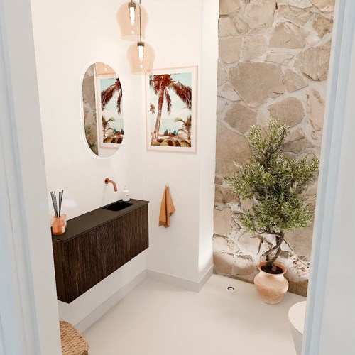 JOYA 90cm toiletmeubel kleur Walnut. Wastafel FAYE positie Rechts Zonder kraangat kleur Urban.