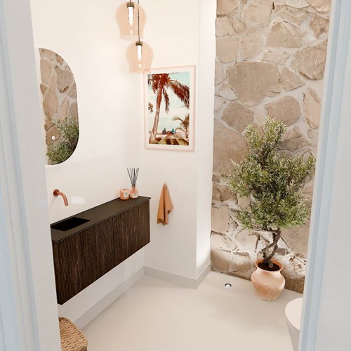 JOYA 100cm toiletmeubel kleur Walnut. Wastafel FAYE positie Links Zonder kraangat kleur Urban.