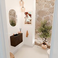JOYA 61,6cm toiletmeubel ronding rechts kleur Walnut. Wastafel FAYE positie Links 1 kraangat kleur Urban.