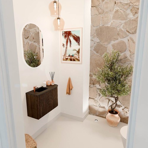 JOYA 61,6cm toiletmeubel ronding rechts kleur Walnut. Wastafel FAYE positie Links 1 kraangat kleur Urban.