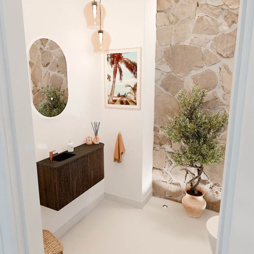 JOYA 81,6cm mueble fondo reducido curva derecha color Walnut. Lavabo FAYE posición Izquierda 1 orificio color Urban.