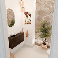 JOYA 91,6cm mueble fondo reducido curva derecha color Walnut. Lavabo FAYE posición Izquierda 1 orificio color Urban.