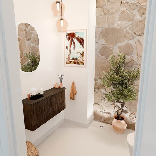 JOYA 91,6cm mueble fondo reducido curva derecha color Walnut. Lavabo FAYE posición Izquierda 1 orificio color Urban.
