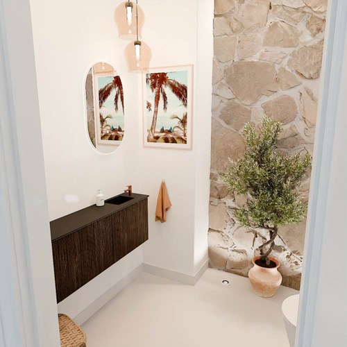 JOYA 111,6cm toiletmeubel ronding links kleur Walnut. Wastafel FAYE positie Rechts 1 kraangat kleur Urban.