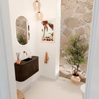 JOYA 73,2cm cloakroom vanity set curve left + right color Walnut. Vanity top FAYE position Center without tab hole color Urban.