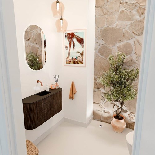 JOYA 83,2cm meuble lave-main courbe gauche + droite couleur Walnut. Lavabo FAYE position Centrée sans trou pour robinet couleur Urban.