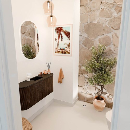 JOYA 93,2cm toiletmeubel ronding links + rechts kleur Walnut. Wastafel FAYE positie Midden 1 kraangat kleur Urban.