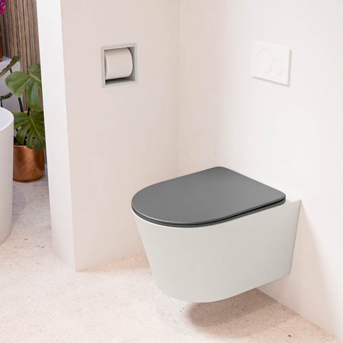 LAVIE Inodoro suspendido single fire sin bridas descarga intensa Linen. Asiento con extracción rápida y cierre suave Dark Grey.