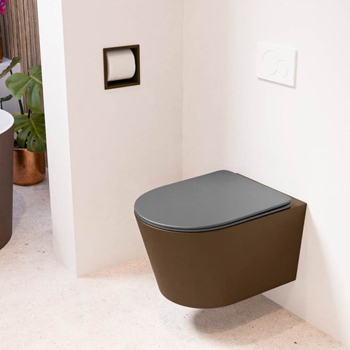 LAVIE Inodoro suspendido single fire sin bridas descarga intensa Rust. Asiento con extracción rápida y cierre suave Dark Grey.
