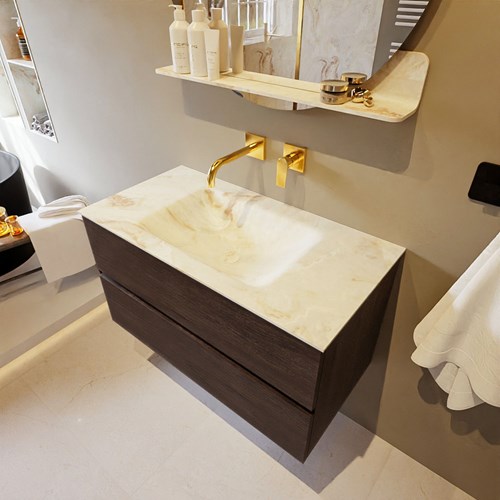VICA-DLUX 90cm mueble de baño Dark Brown 2 cajones. Lavabo CLOUD Centro sin orificio color Frappe.