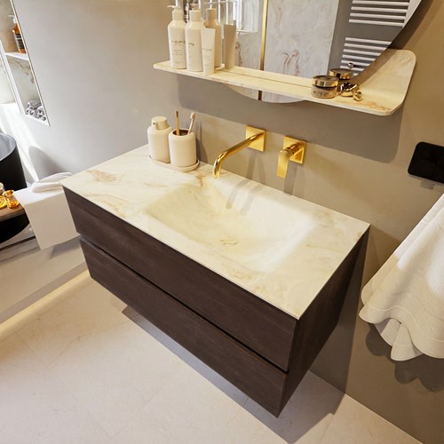 VICA-DLUX 100cm mueble de baño Dark Brown 2 cajones. Lavabo CLOUD Derecho sin orificio color Frappe.