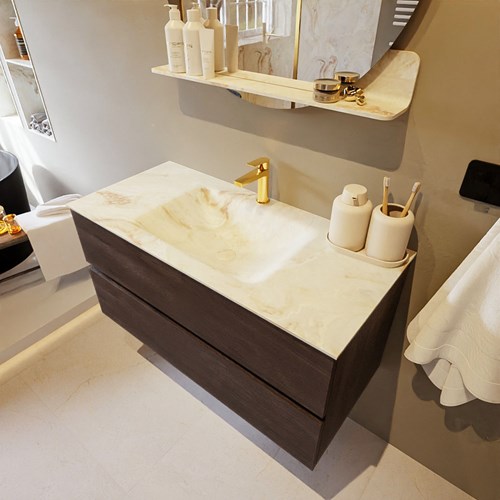 VICA-DLUX 100cm mueble de baño Dark Brown 2 cajones. Lavabo CLOUD Centro 1 orificio color Frappe.