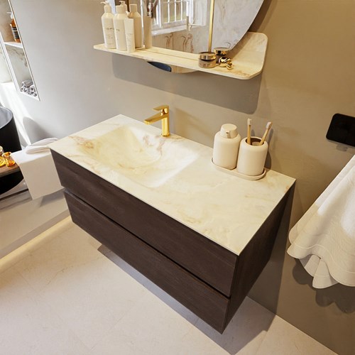 VICA-DLUX 100cm mueble de baño Dark Brown 2 cajones. Lavabo CLOUD Izquierda 1 orificio color Frappe.