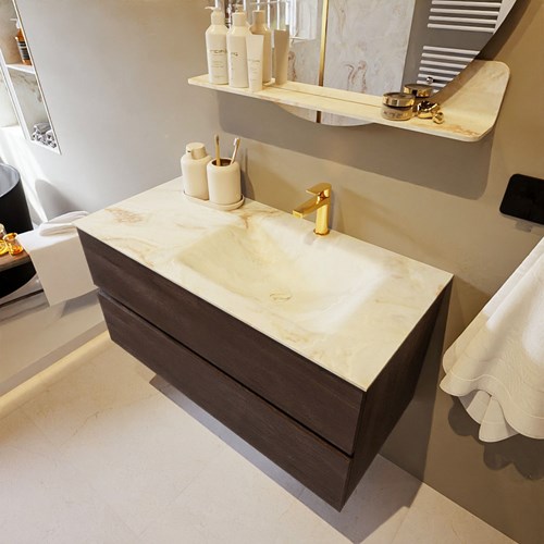 VICA-DLUX 100cm mueble de baño Dark Brown 2 cajones. Lavabo CLOUD Derecho 1 orificio color Frappe.