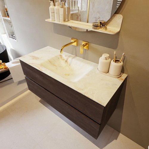 VICA-DLUX 110cm mueble de baño Dark Brown 2 cajones. Lavabo CLOUD Centro sin orificio color Frappe.