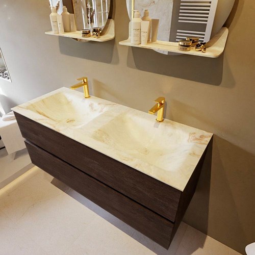 VICA-DLUX 120cm mueble de baño Dark Brown 2 cajones. Lavabo CLOUD Doble 2 orificios color Frappe.