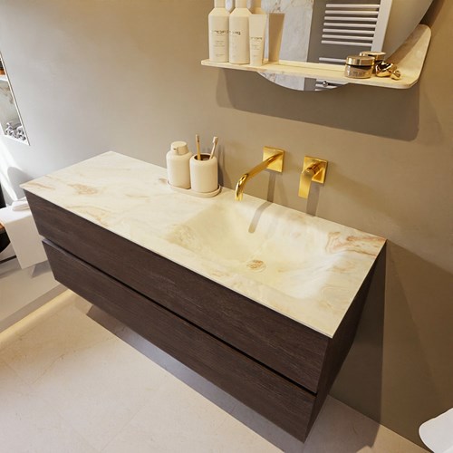 VICA-DLUX 130cm mueble de baño Dark Brown 2 cajones. Lavabo CLOUD Derecho sin orificio color Frappe.