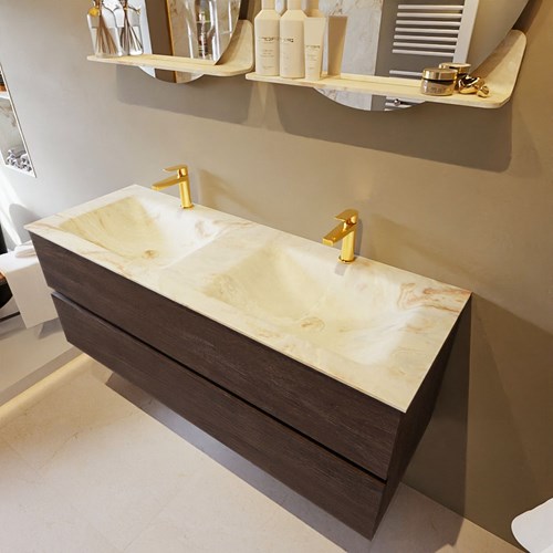 VICA-DLUX 130cm mueble de baño Dark Brown 2 cajones. Lavabo CLOUD Doble 2 orificios color Frappe.