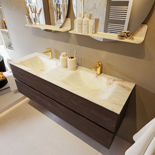 VICA-DLUX 150cm mueble de baño Dark Brown 2 cajones. Lavabo CLOUD Doble 2 orificios color Frappe.